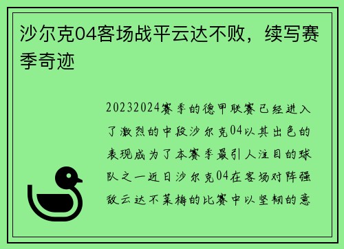 沙尔克04客场战平云达不败，续写赛季奇迹