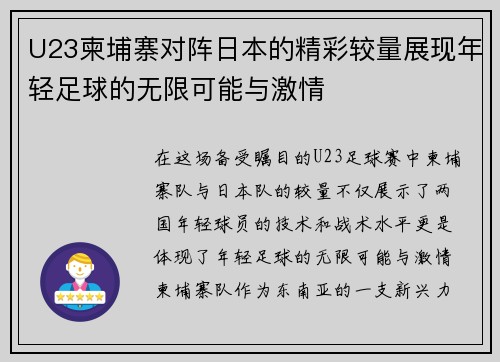 U23柬埔寨对阵日本的精彩较量展现年轻足球的无限可能与激情